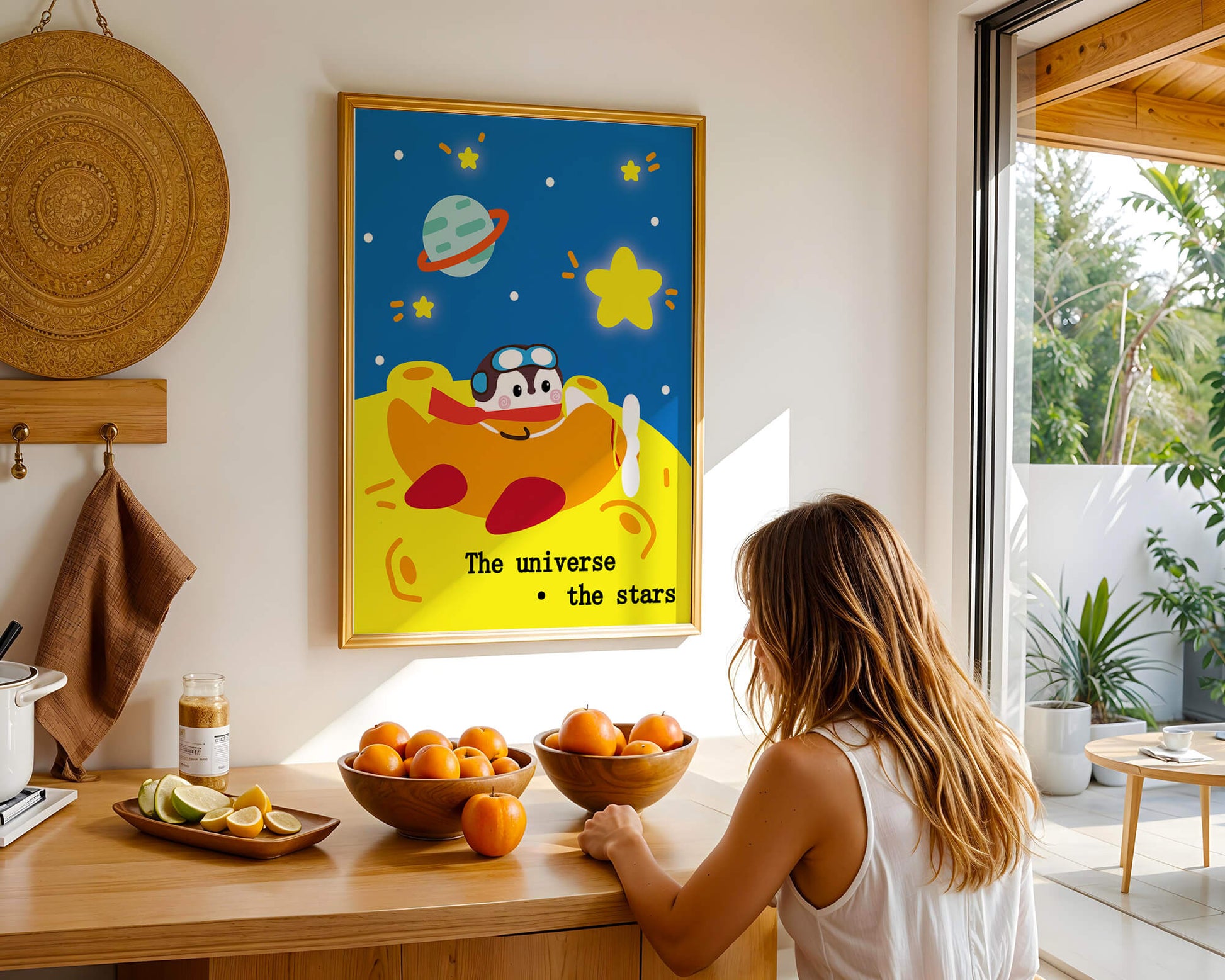 Colorful cartoon airplane with stars and planets in space