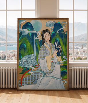 Retrato de una mujer con vestido tradicional, montañas y nubes