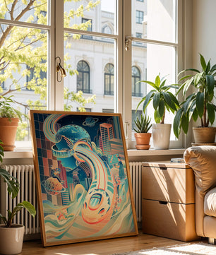 Futuristische Illustration mit VR-Thema und technologischen Elementen