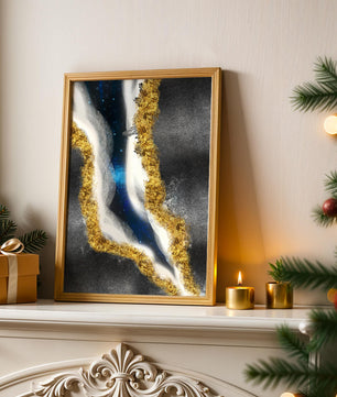 Abstract flowing design with gold, blue, and white textures