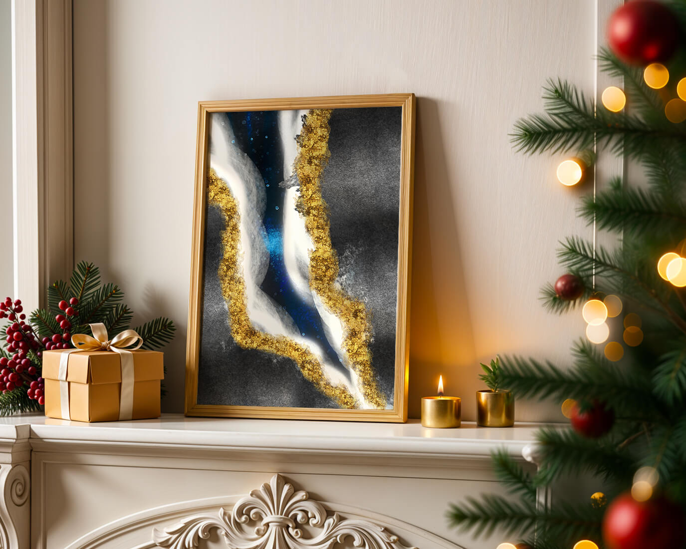 Abstract flowing design with gold, blue, and white textures