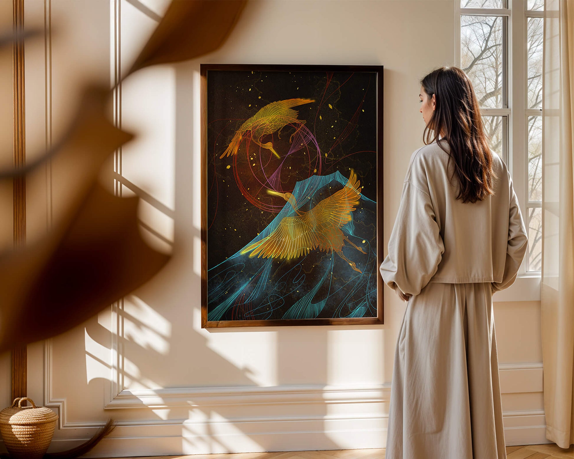 Elegant Cranes in Cosmic Dance with Golden and Blue Accents