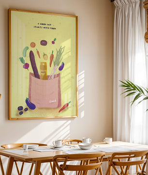 Ilustración de vegetales frescos y leche en una bolsa de comestibles