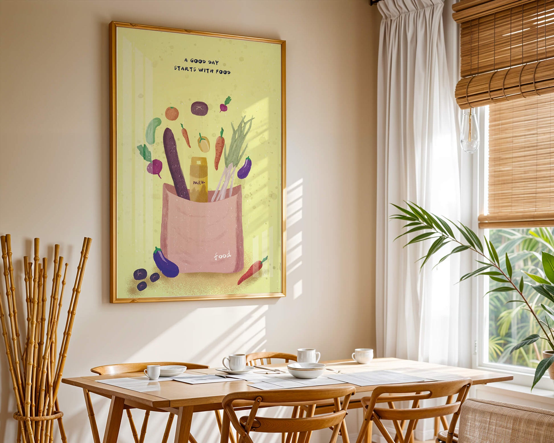 Ilustración de vegetales frescos y leche en una bolsa de comestibles