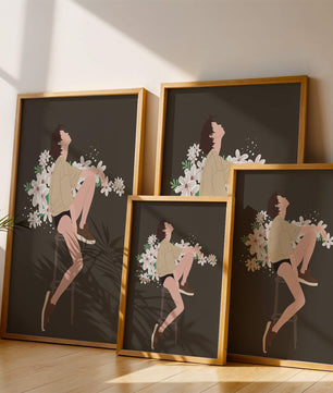 Illustration of a woman sitting on a stool surrounded by flowers