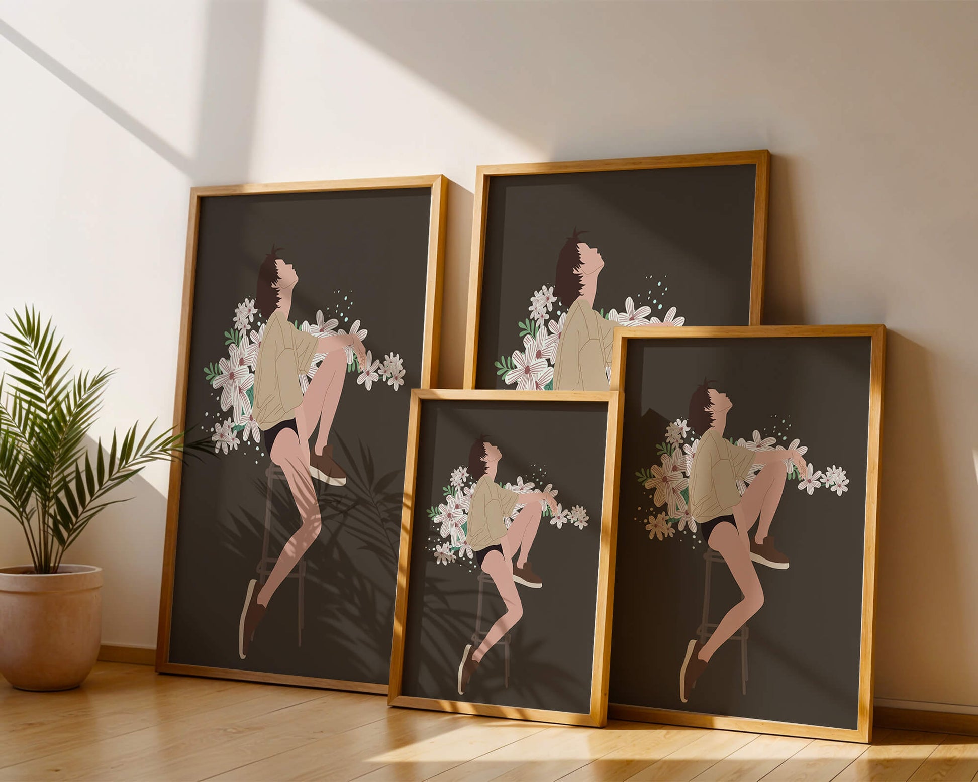 Illustration of a woman sitting on a stool surrounded by flowers
