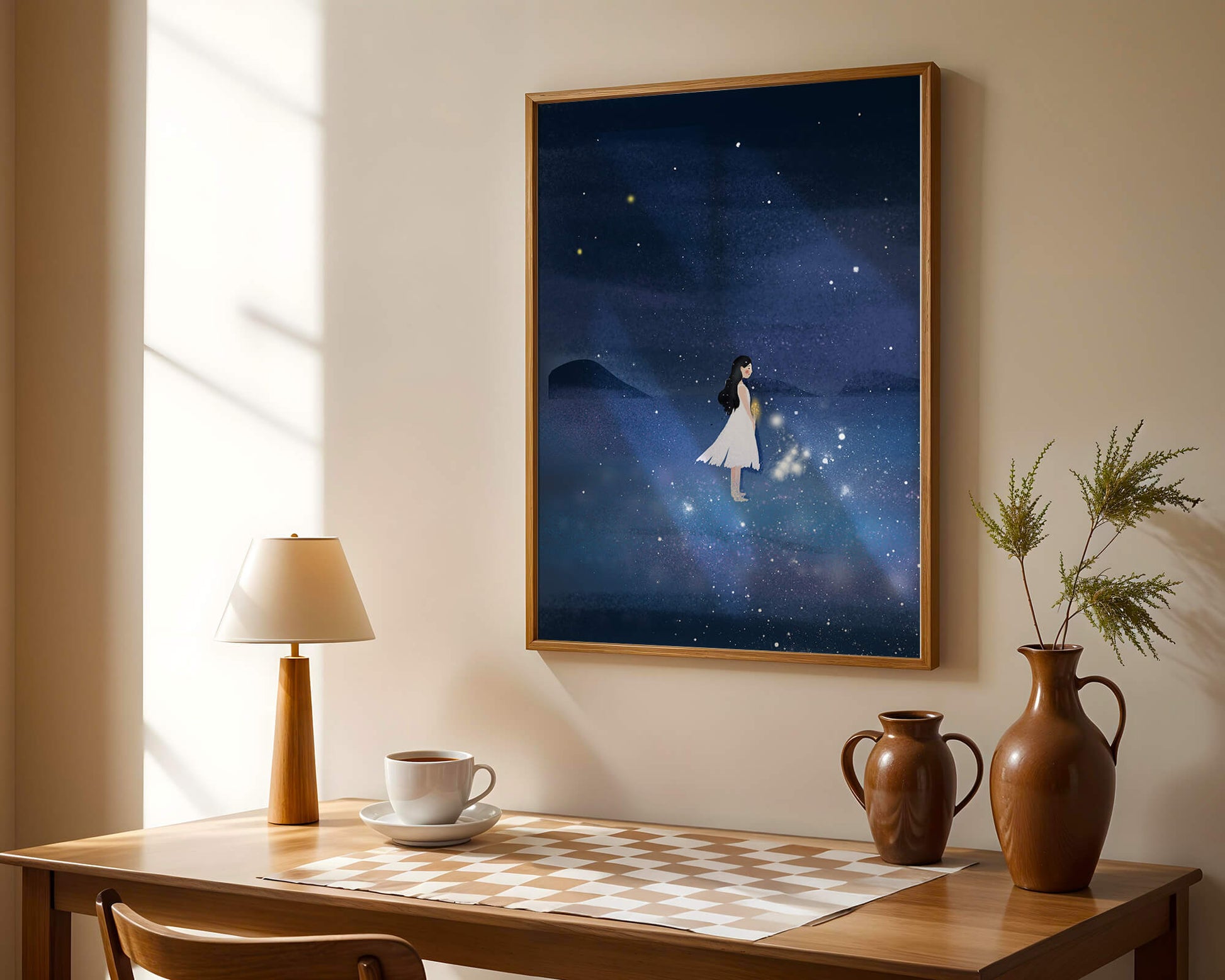Girl in White Dress Gazing at Starry Night Sky