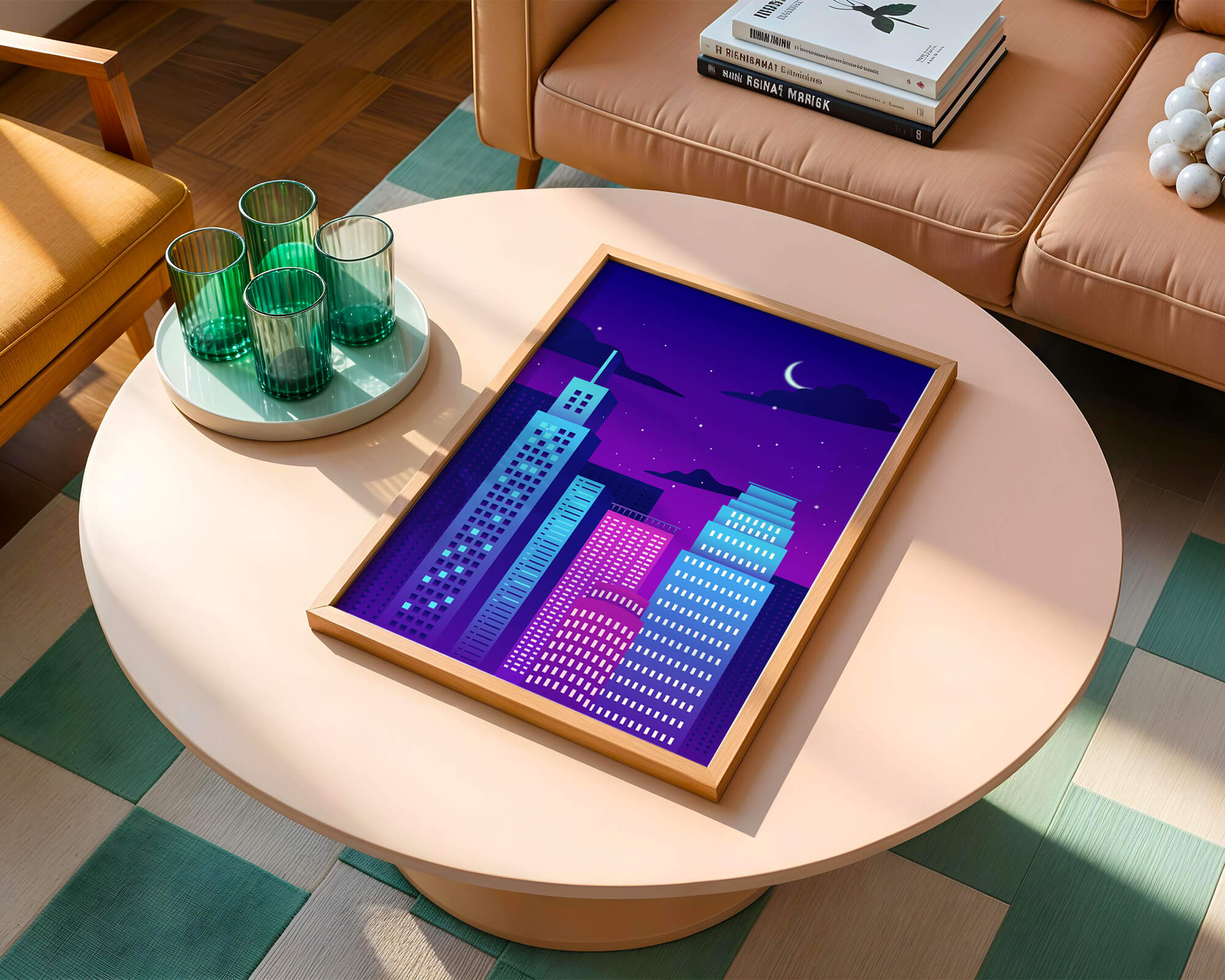 Vibrant city skyline at night with modern skyscrapers and starry sky