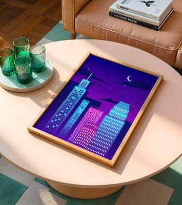 Vibrant city skyline at night with modern skyscrapers and starry sky