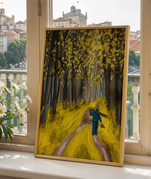 Man Walking Through a Sunny Forest with Golden Leaves