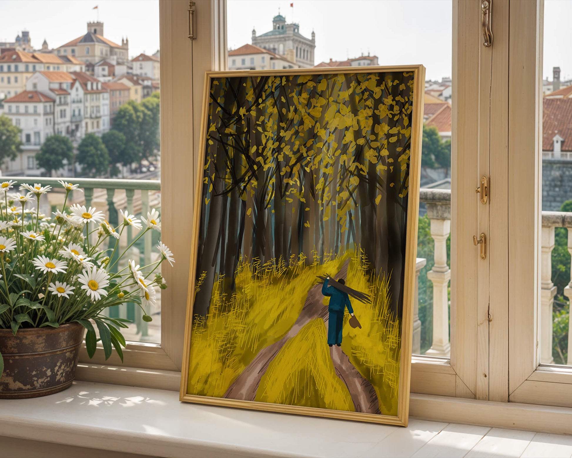 Man Walking Through a Sunny Forest with Golden Leaves