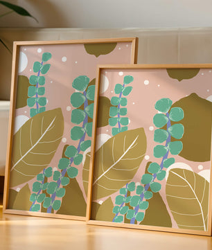 Diseño botánico abstracto con hojas verdes y doradas.