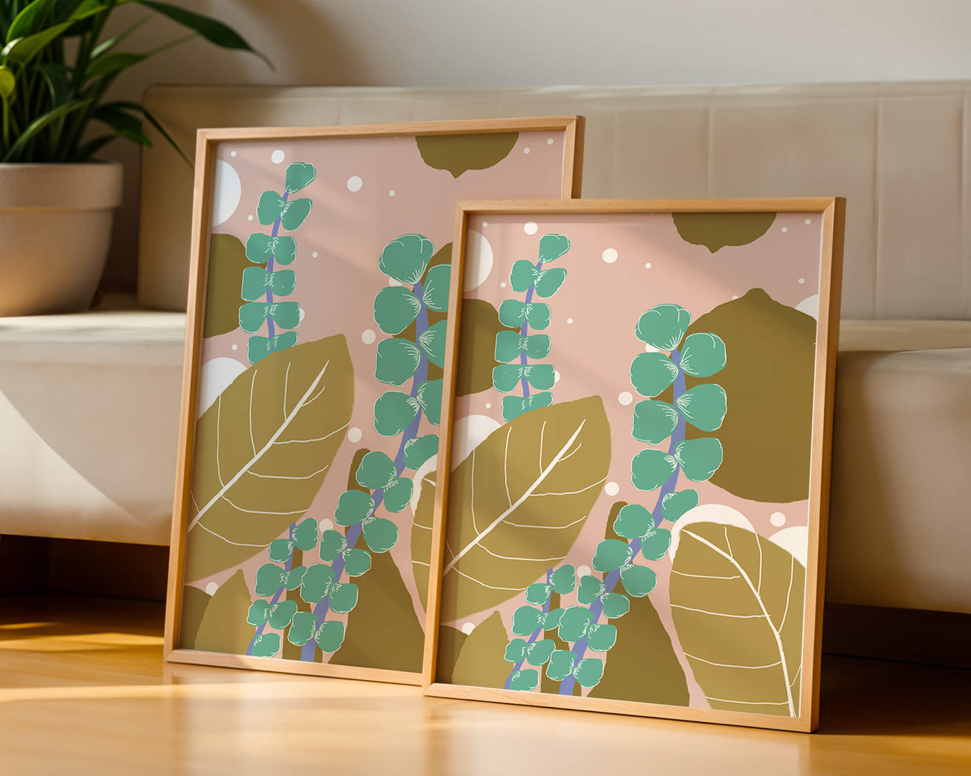 Abstract botanical design with green and golden leaves