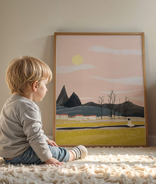 Serene landscape with mountains, village, and a girl under a pink sky