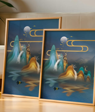 Paisaje abstracto con ciervo dorado y montañas en capas en una serena escena nocturna
