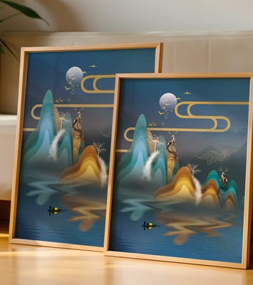 Abstract landscape with golden deer and layered mountains in serene night scene