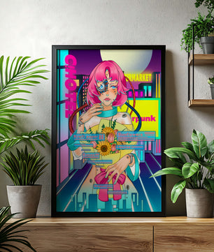 Mujer ciberpunk futurista con un ramo de flores en un paisaje urbano de neón
