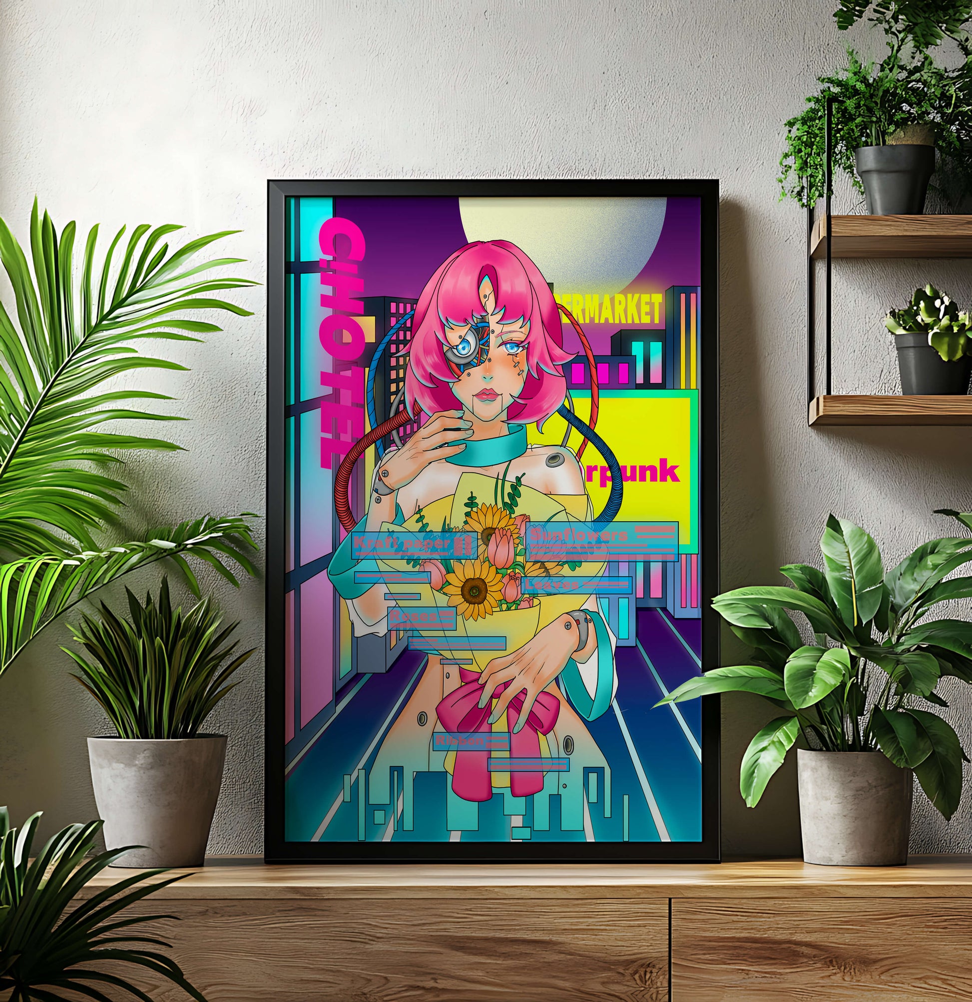 Futuristic cyberpunk woman with a bouquet of flowers in a neon cityscape