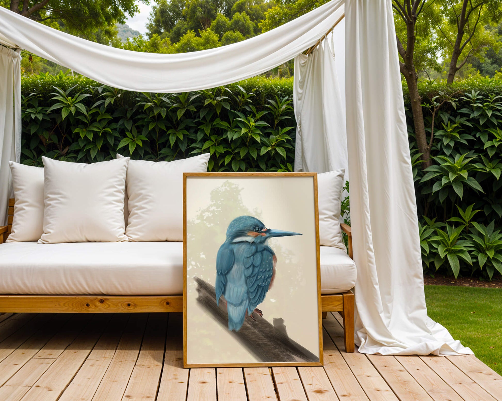 Illustration of a vibrant blue bird on a branch