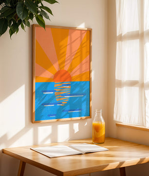 A vibrant sunrise illustration over the ocean with colorful rays