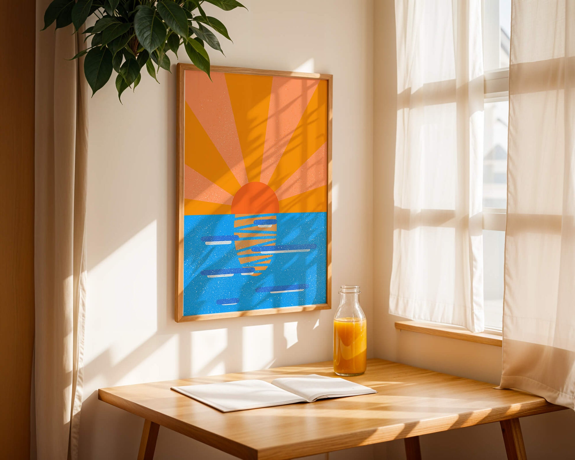 A vibrant sunrise illustration over the ocean with colorful rays