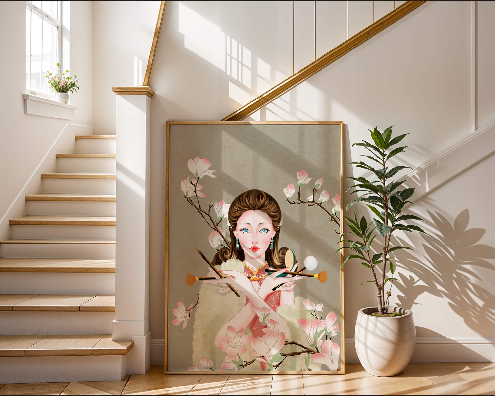 Elegant woman with makeup tools amidst blooming magnolia branches