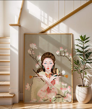 Femme élégante avec des outils de maquillage parmi des branches de magnolia en fleurs
