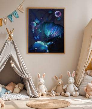 Illuminated Blue Butterflies with Glowing Bubbles in Enchanted Darkness