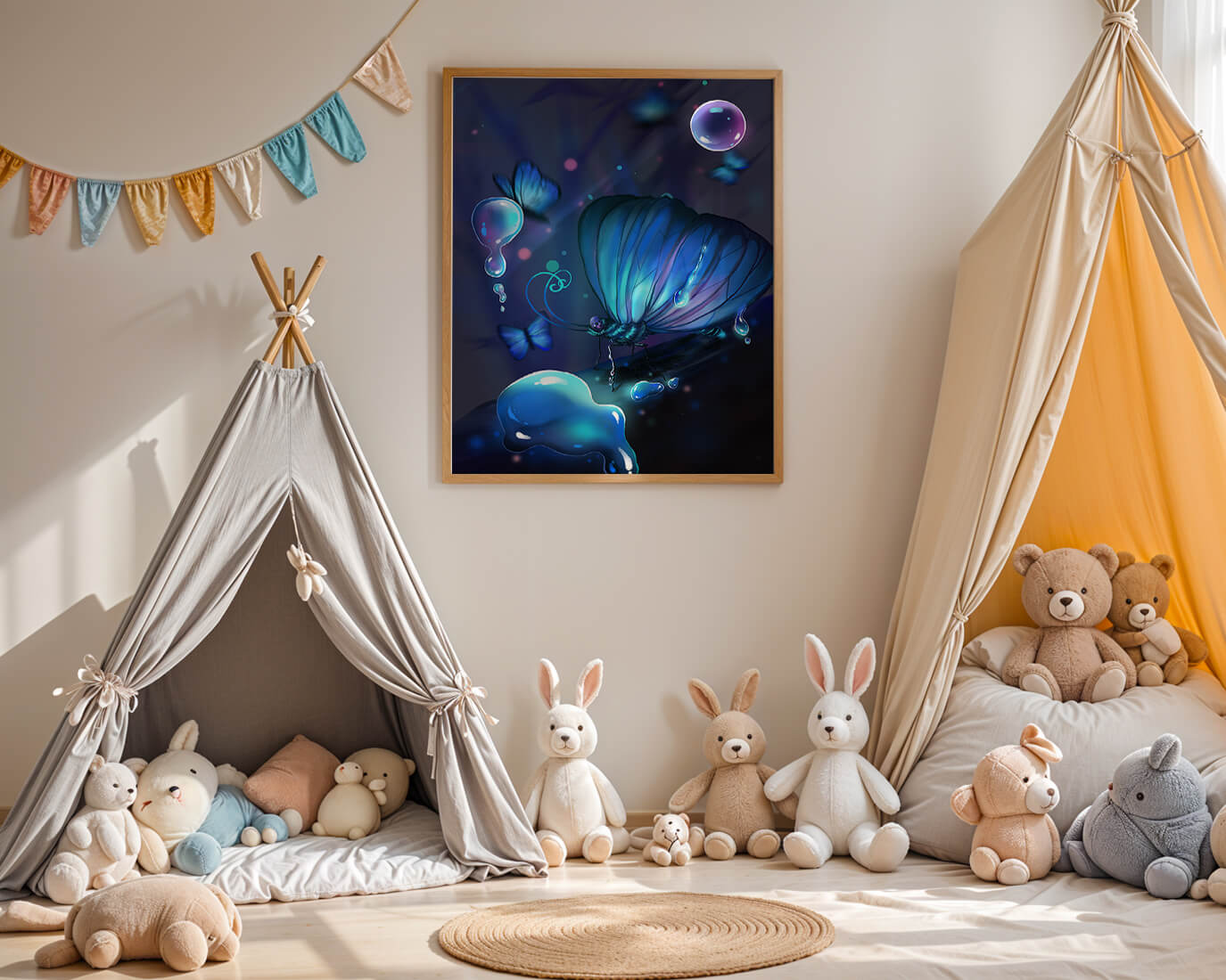 Illuminated Blue Butterflies with Glowing Bubbles in Enchanted Darkness