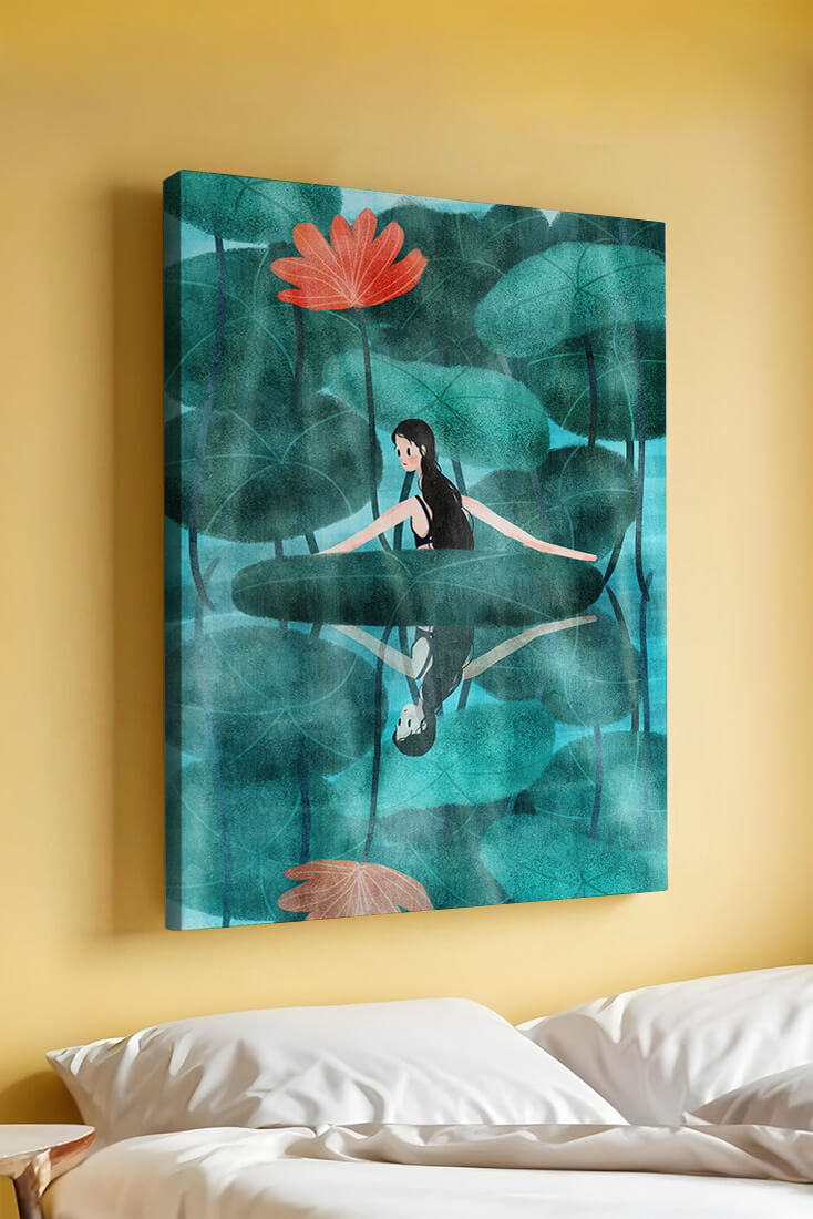 Woman Reflecting among Lotus Leaves and Flowers with a Mirror Image