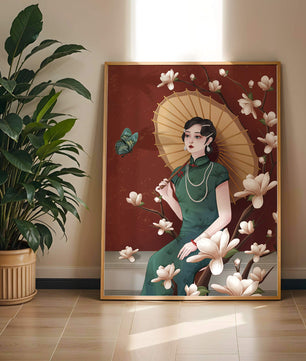 Mujer elegante con parasol y flores de magnolia sobre fondo rojo