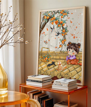Charming illustration of a child with cats on a rooftop beneath a fruit tree