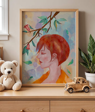 Illustrative artwork of a woman with red hair and floral branch