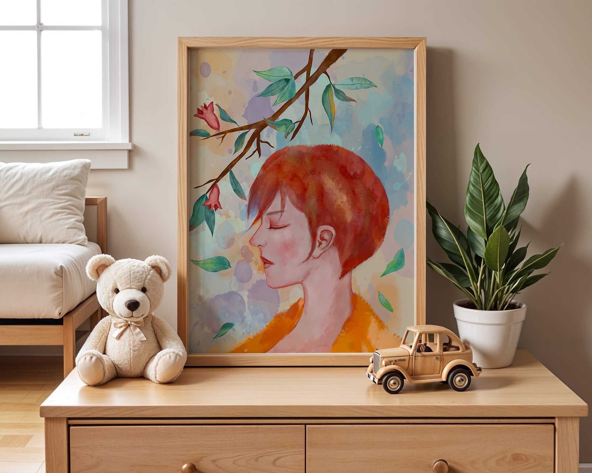 Illustrative artwork of a woman with red hair and floral branch