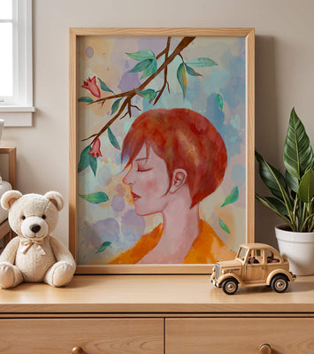 Illustrative artwork of a woman with red hair and floral branch