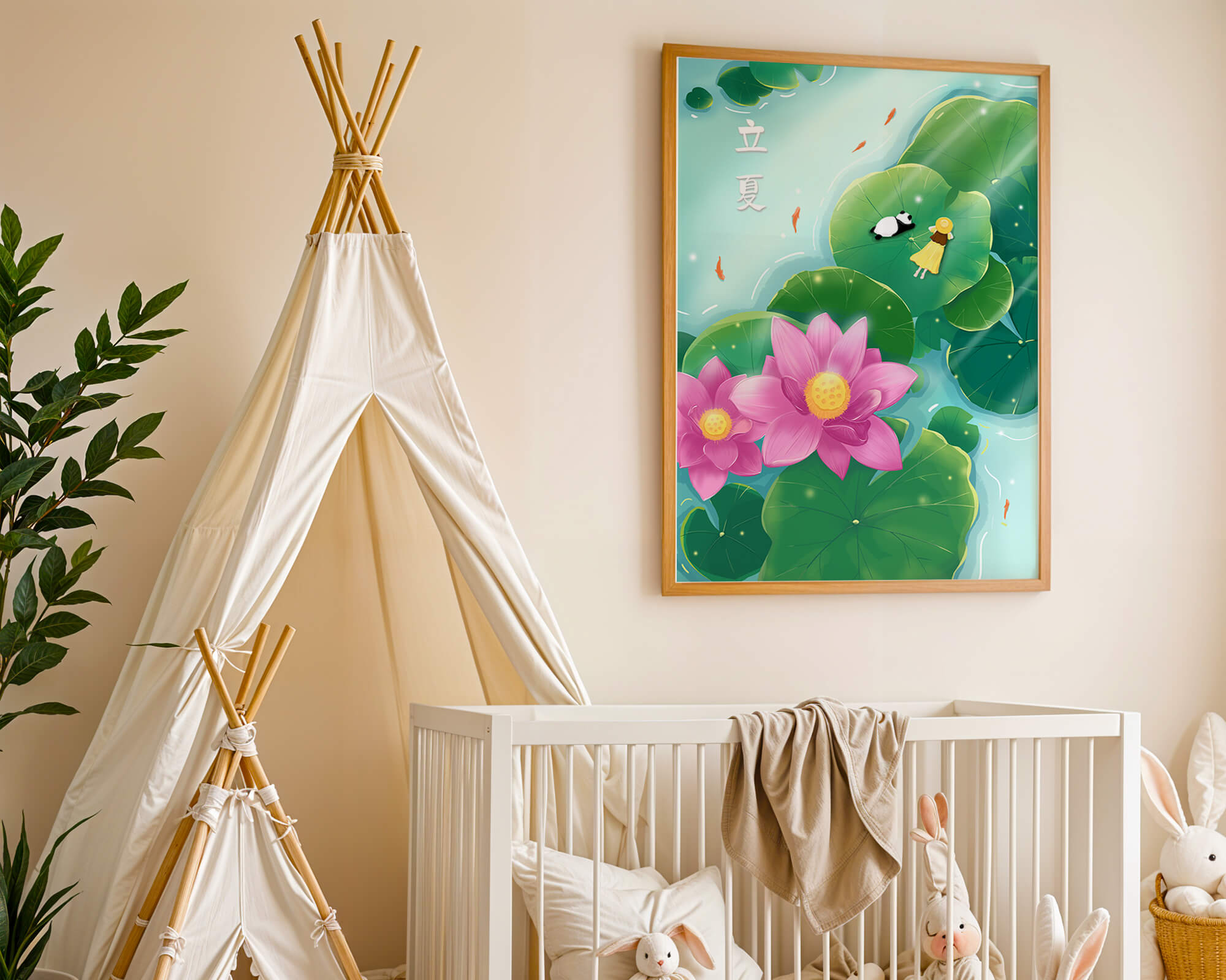 Girl and Panda Relaxing on Lily Pads with Pink Lotus and Goldfish