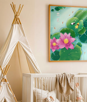 Girl and Panda Relaxing on Lily Pads with Pink Lotus and Goldfish