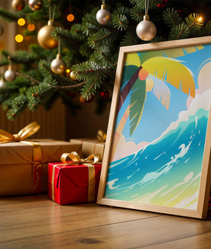Escena vibrante de playa tropical con palmera y ola del océano