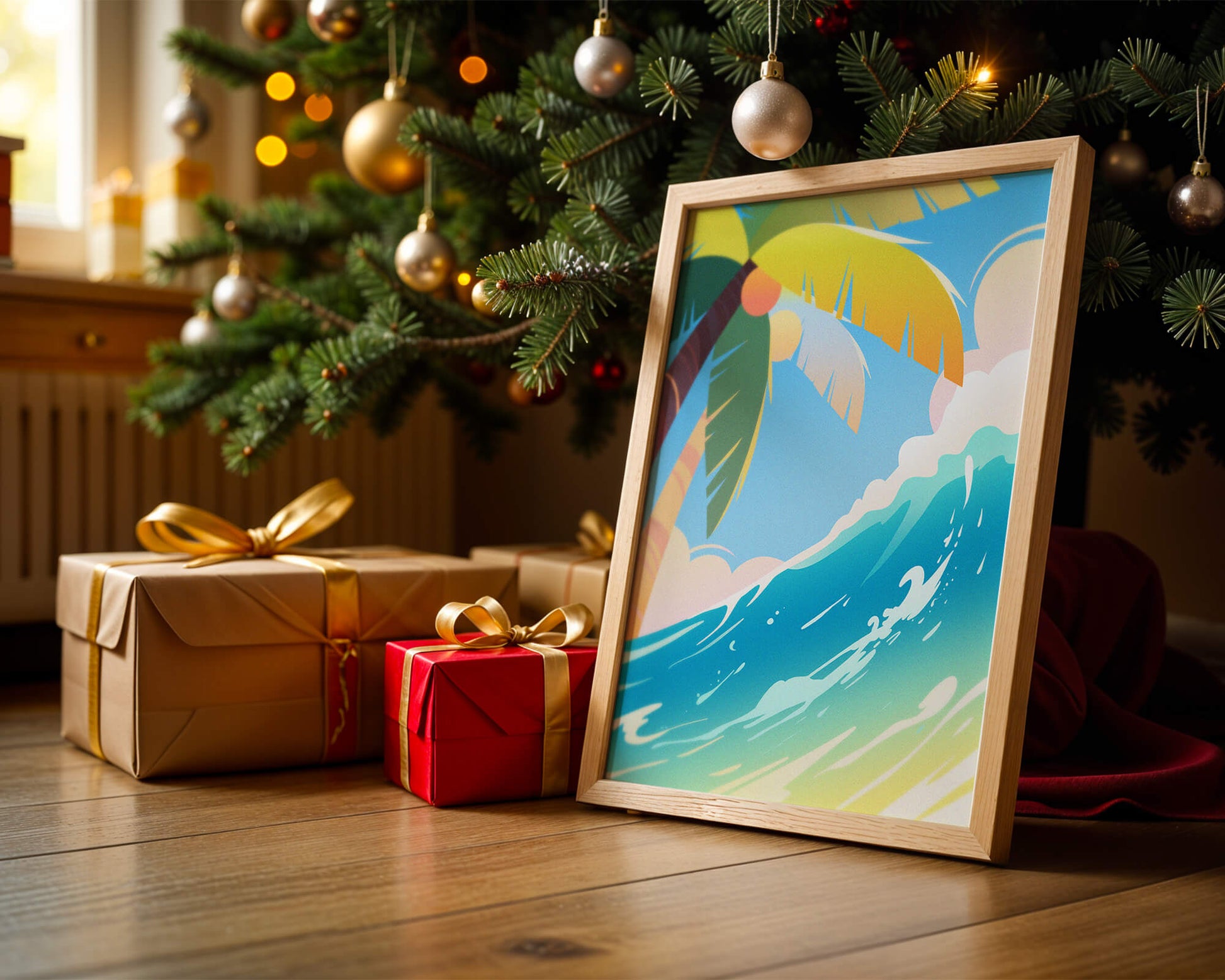 Escena vibrante de playa tropical con palmera y ola del océano