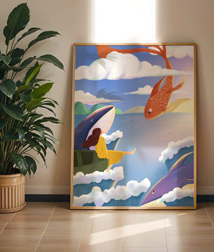 Escena onírica con vida marina y figura flotante en el cielo