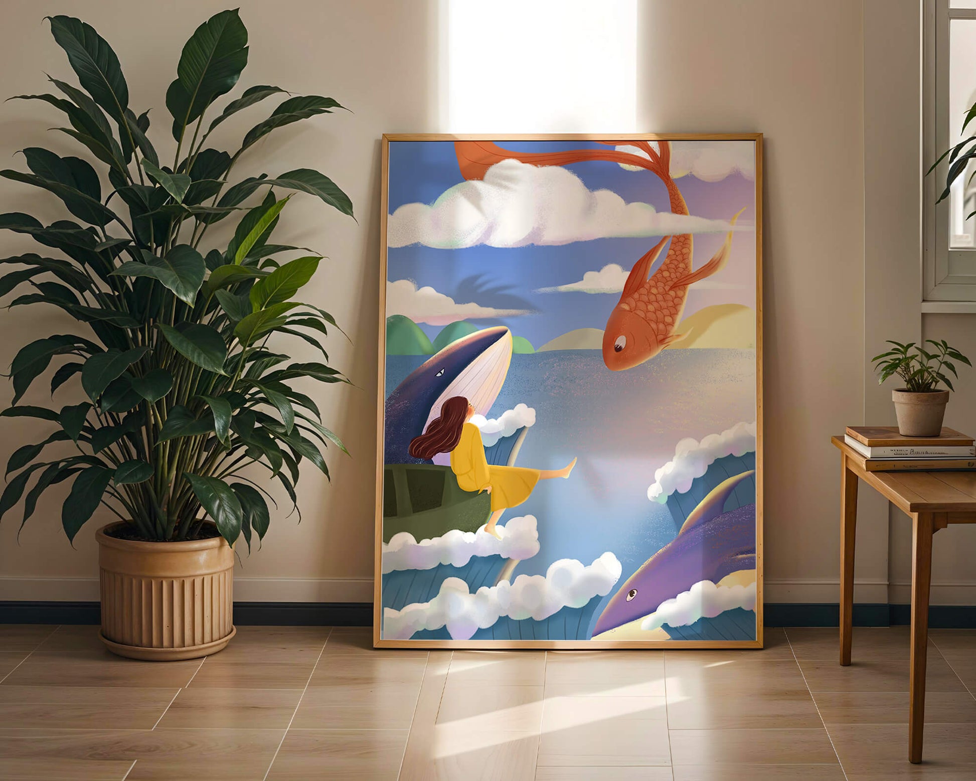 Dreamlike scene with marine life and floating figure in the sky