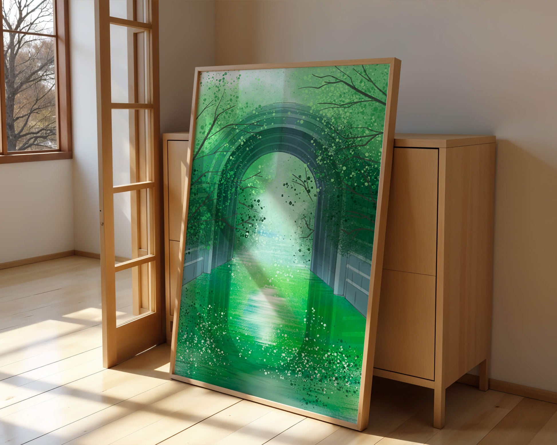 A serene green garden tunnel with reflective water