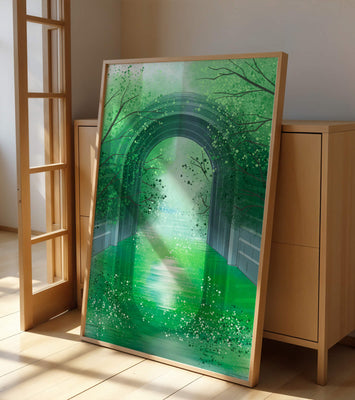A serene green garden tunnel with reflective water