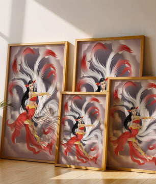 Graceful fantasy fox spirit with flowing tails and red attire in mystical clouds