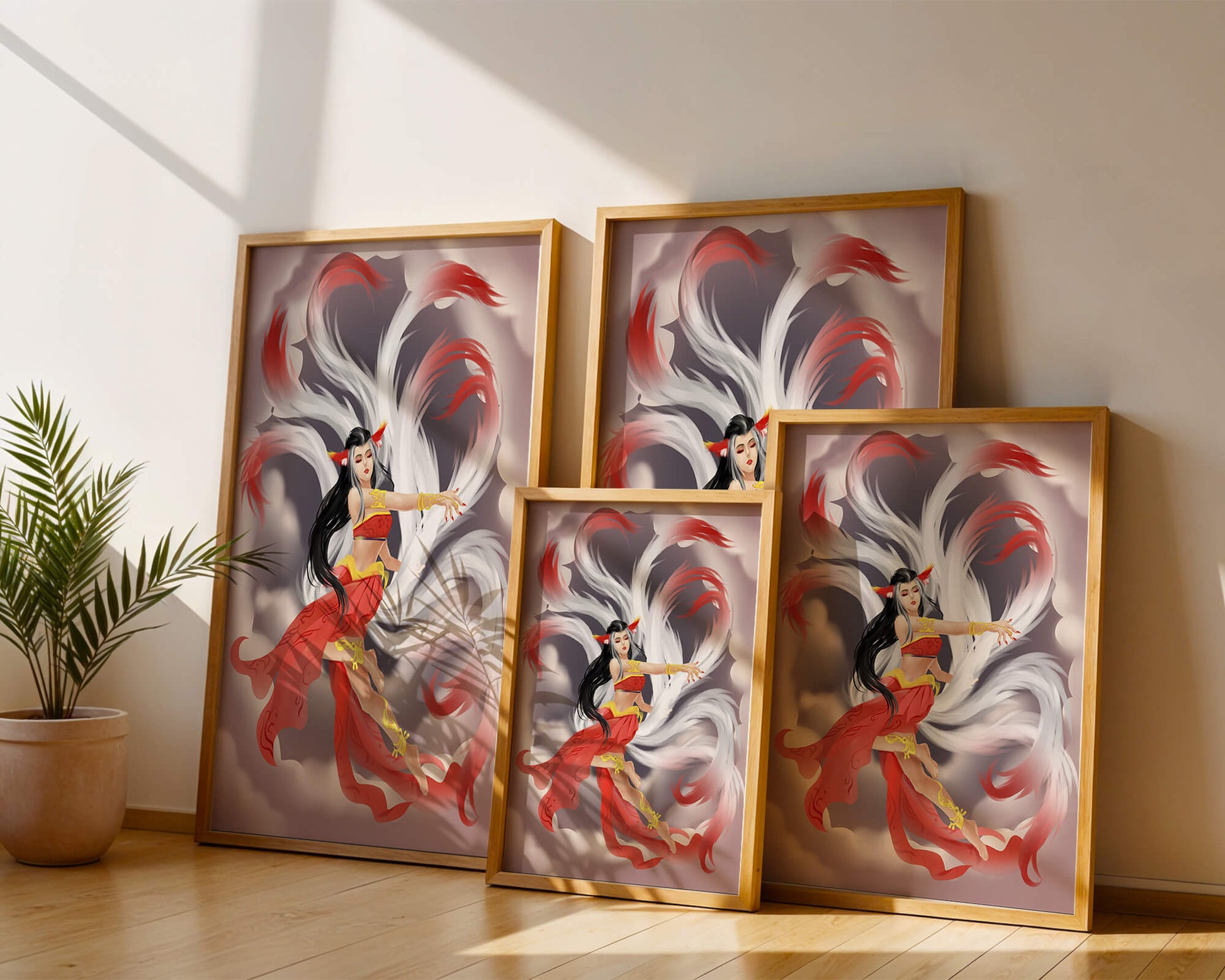 Graceful fantasy fox spirit with flowing tails and red attire in mystical clouds