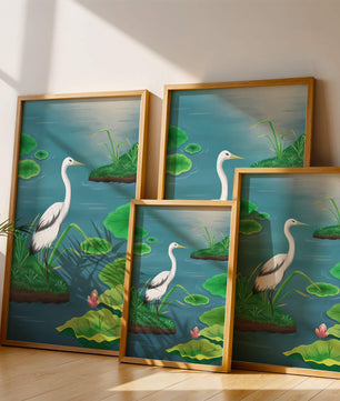 Serene wetland scene with white crane and water lilies