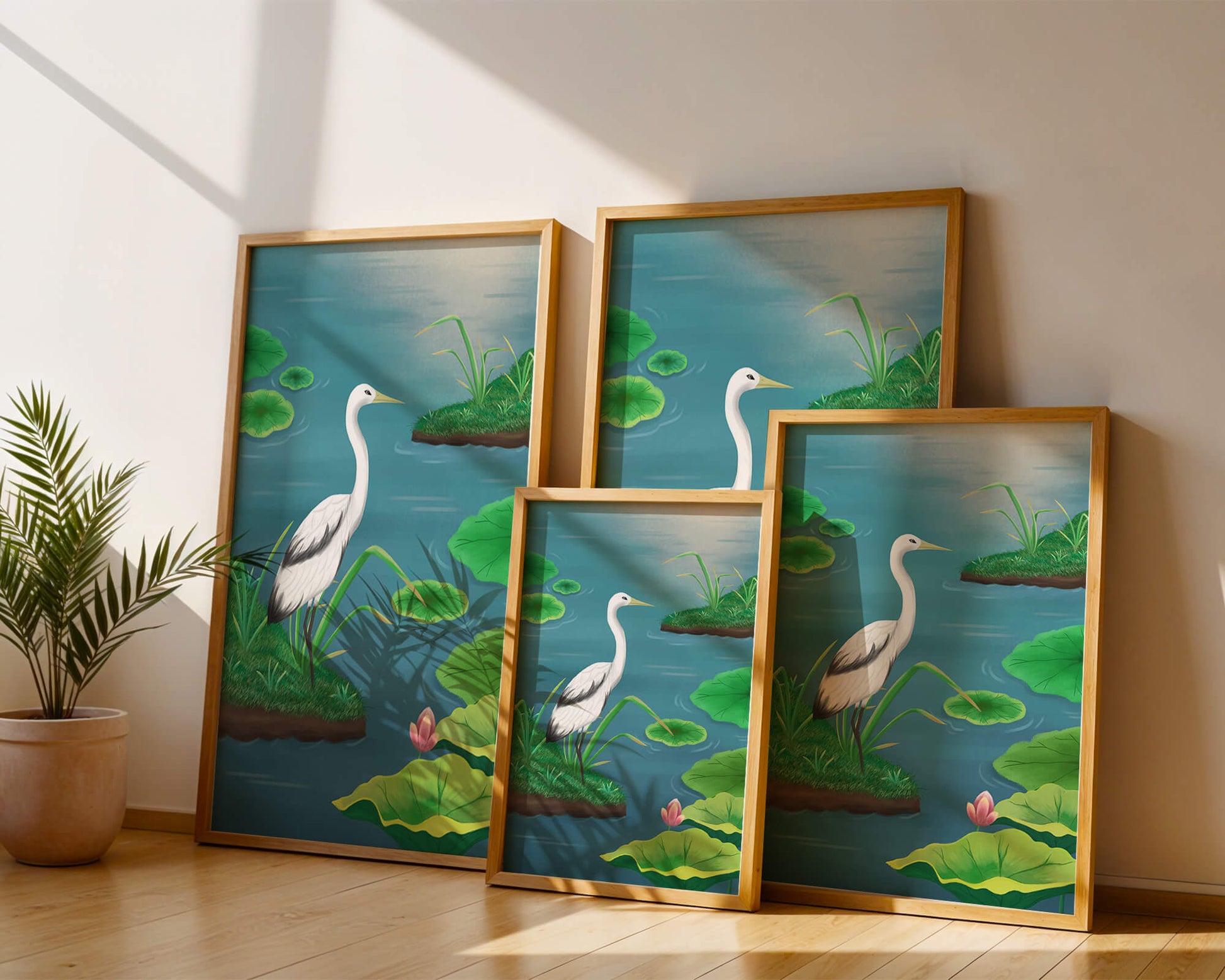 Serene wetland scene with white crane and water lilies