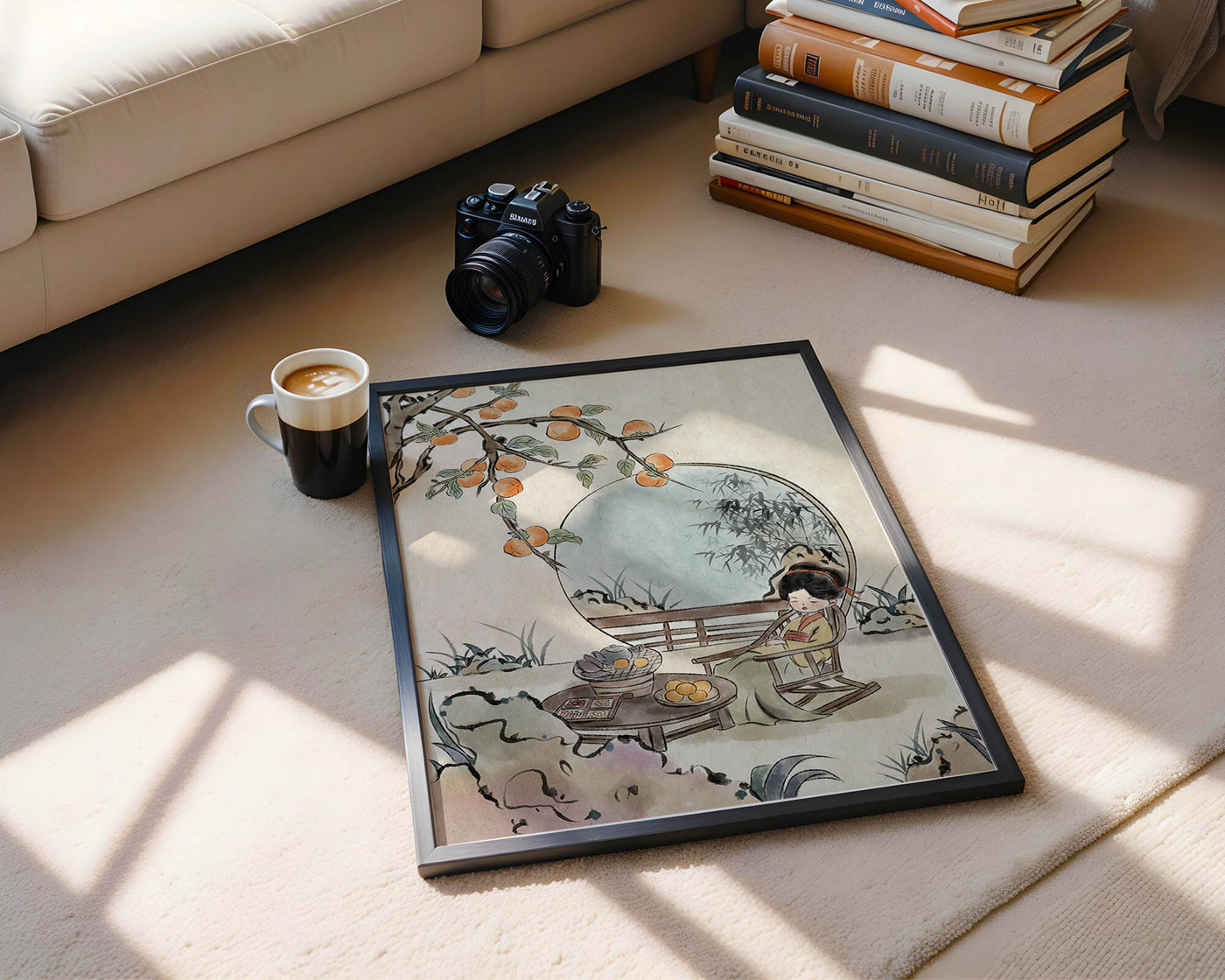 Tranquil garden scene with persimmons and serene figure