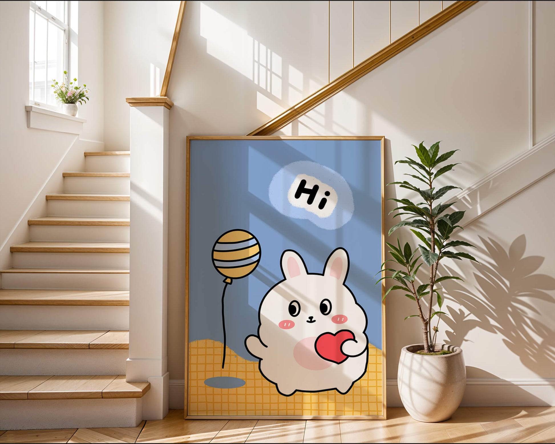 Adorable cartoon bunny with balloon and heart illustration