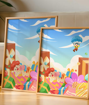 Colorful illustration with presents and children playing under a blue sky